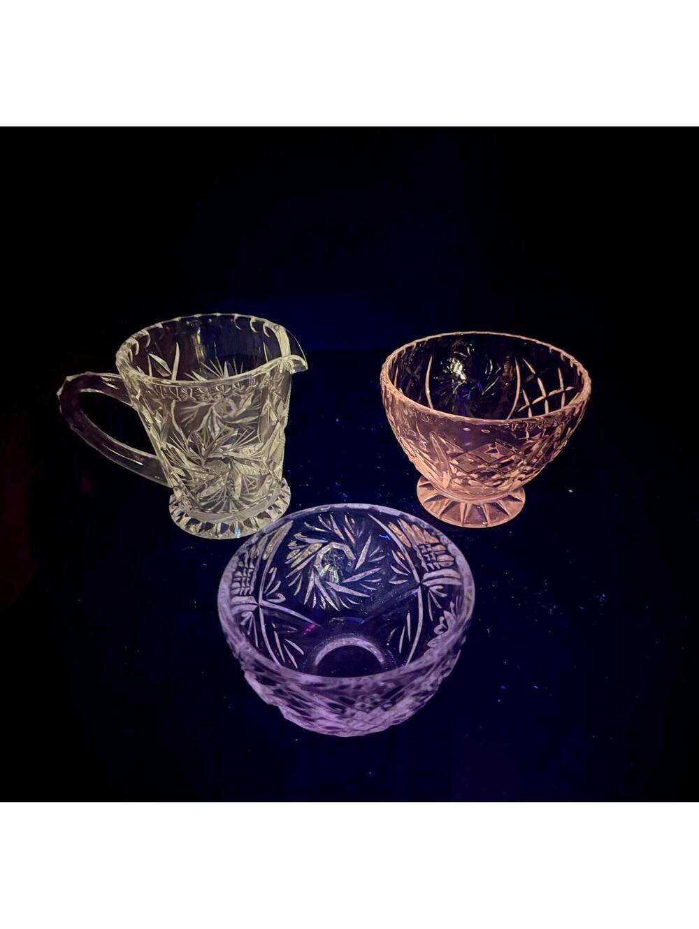 Mid-Century Czechoslovakian UV-Reactive Creamer & Sugar Set – 3 Pieces